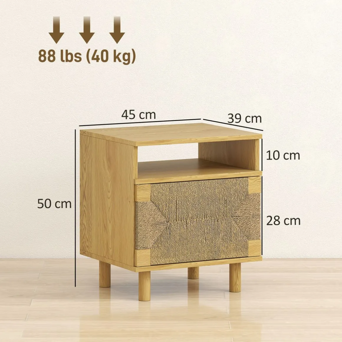 Mesita de noche Panda Homcom con estante y armario natural 50x45x39 cm