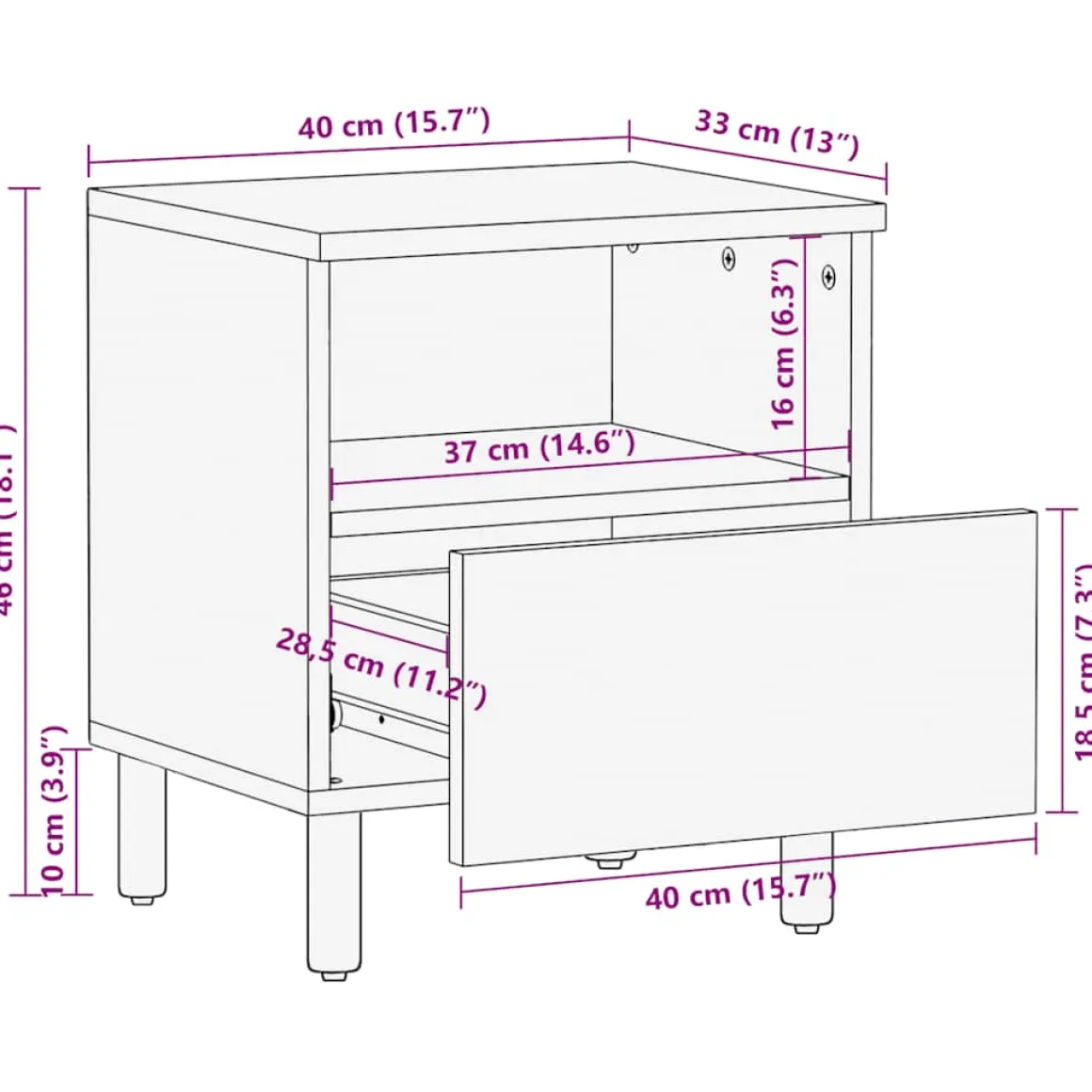 Mesita de noche Reinita 1 cajón + compartimento madera maciza natural 46x40x33 cm