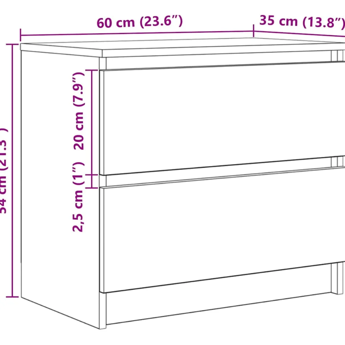 Mesita de noche Shuana 2 cajones blanco 54x60x35 cm