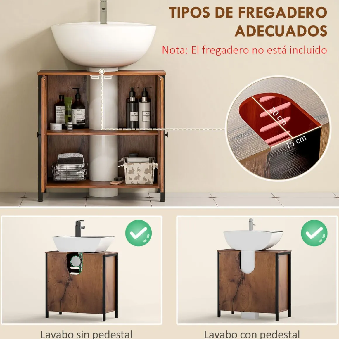 Mesita de noche Sink Homcom 2 estantes marrón 60x60x30 cm