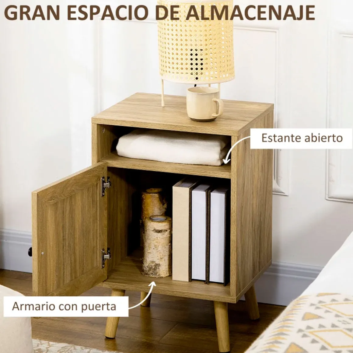 Mesita de noche Sorrentino Homcom 1 módulo + 1 puerta en ratán madera 60x39x35 cm