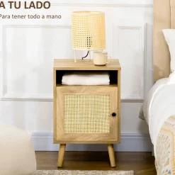 Mesita de noche Sorrentino Homcom 1 módulo + 1 puerta en ratán madera 60x39x35 cm