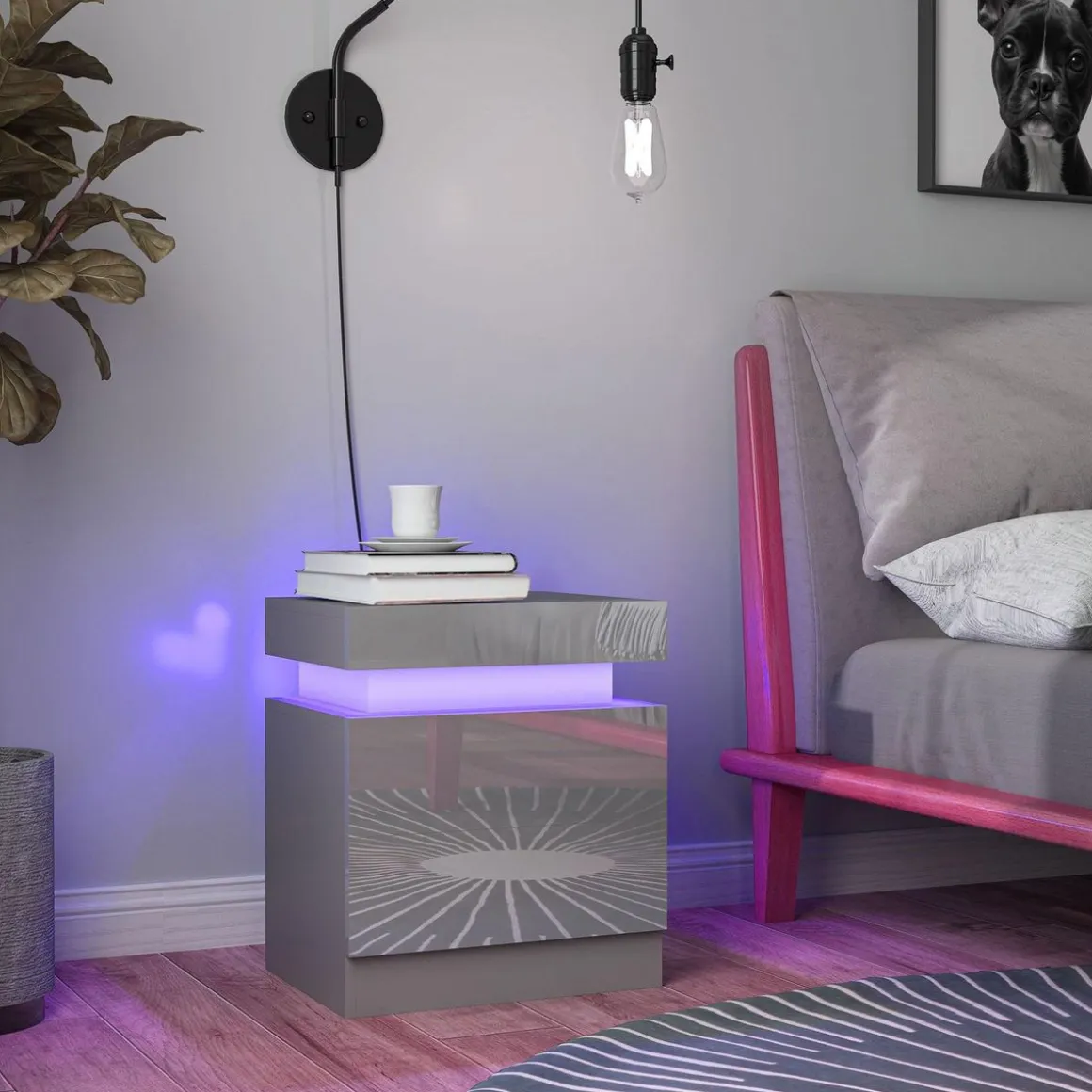 Mesita de noche Soty Homcom 2 cajones + Luz LED gris 52x45x35 cm