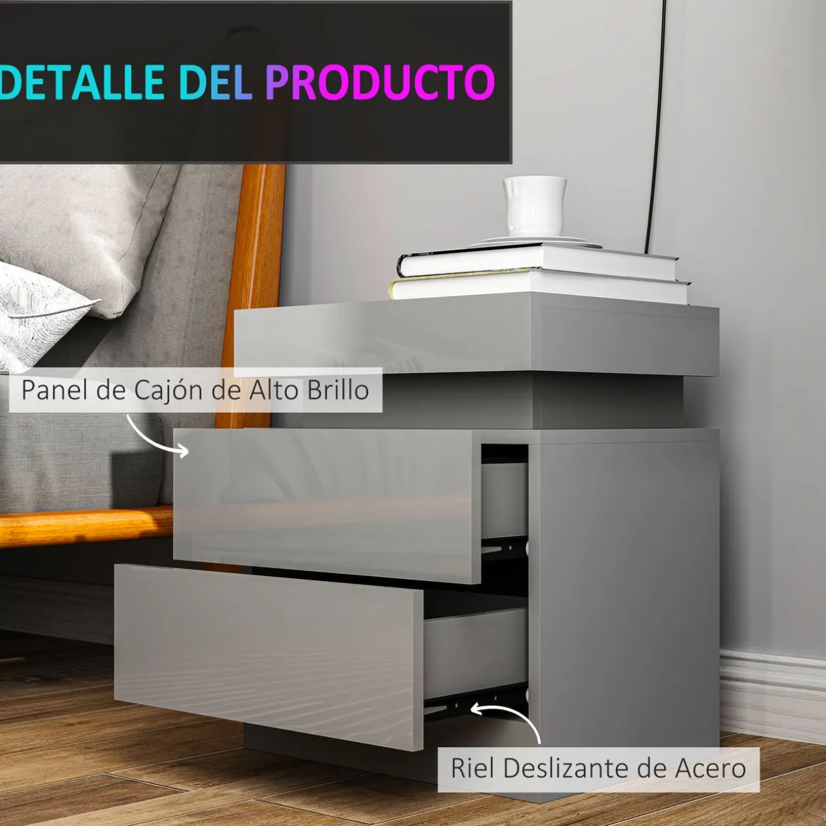 Mesita de noche Soty Homcom 2 cajones + Luz LED gris 52x45x35 cm