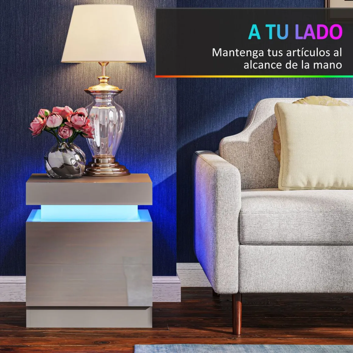 Mesita de noche Soty Homcom 2 cajones + Luz LED gris 52x45x35 cm