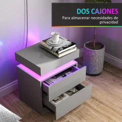 Mesita de noche Soty Homcom 2 cajones + Luz LED gris 52x45x35 cm