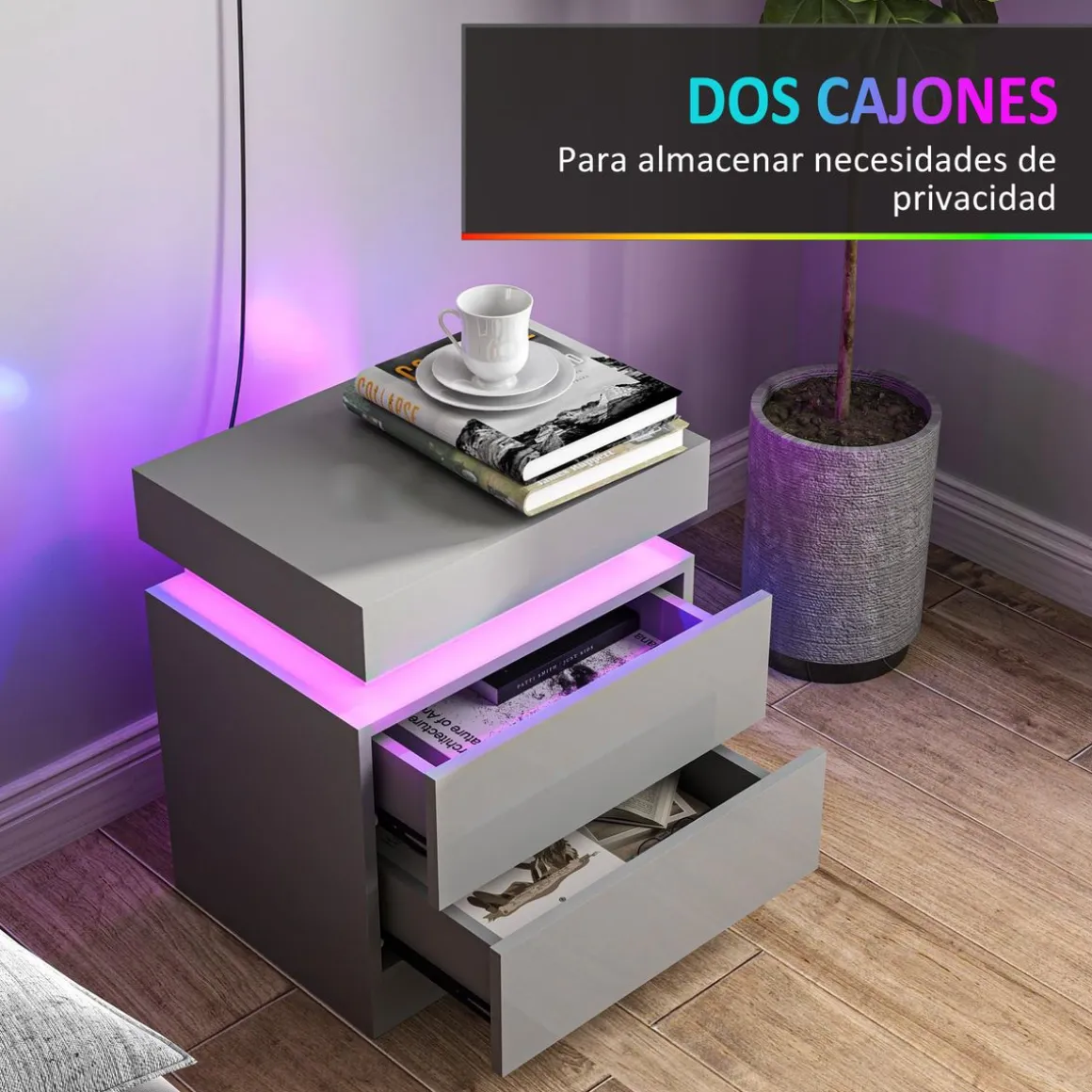 Mesita de noche Soty Homcom 2 cajones + Luz LED gris 52x45x35 cm