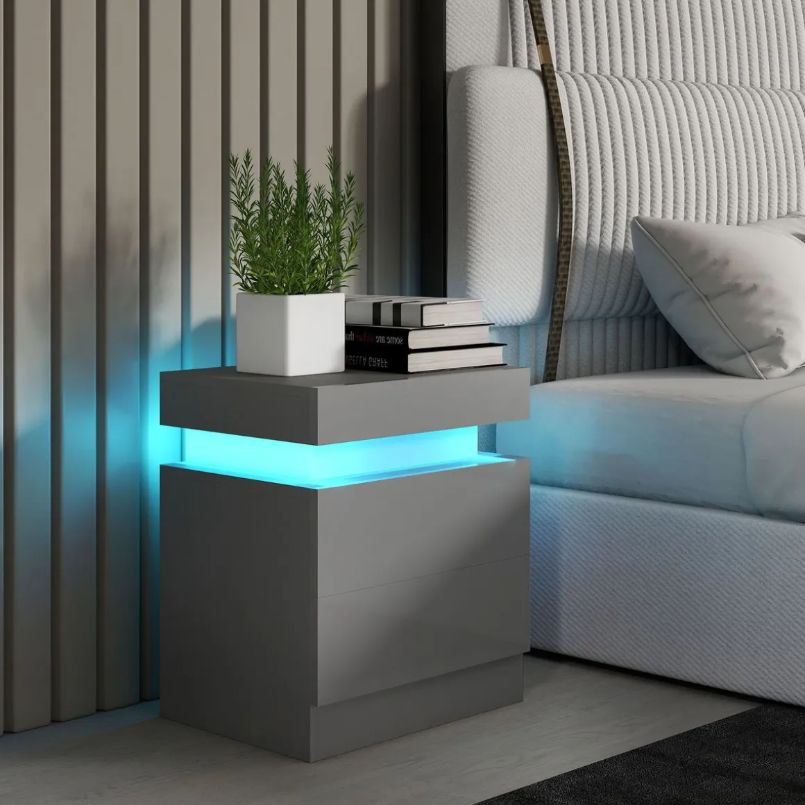 Mesita de noche Soty Homcom 2 cajones + Luz LED gris 52x45x35 cm