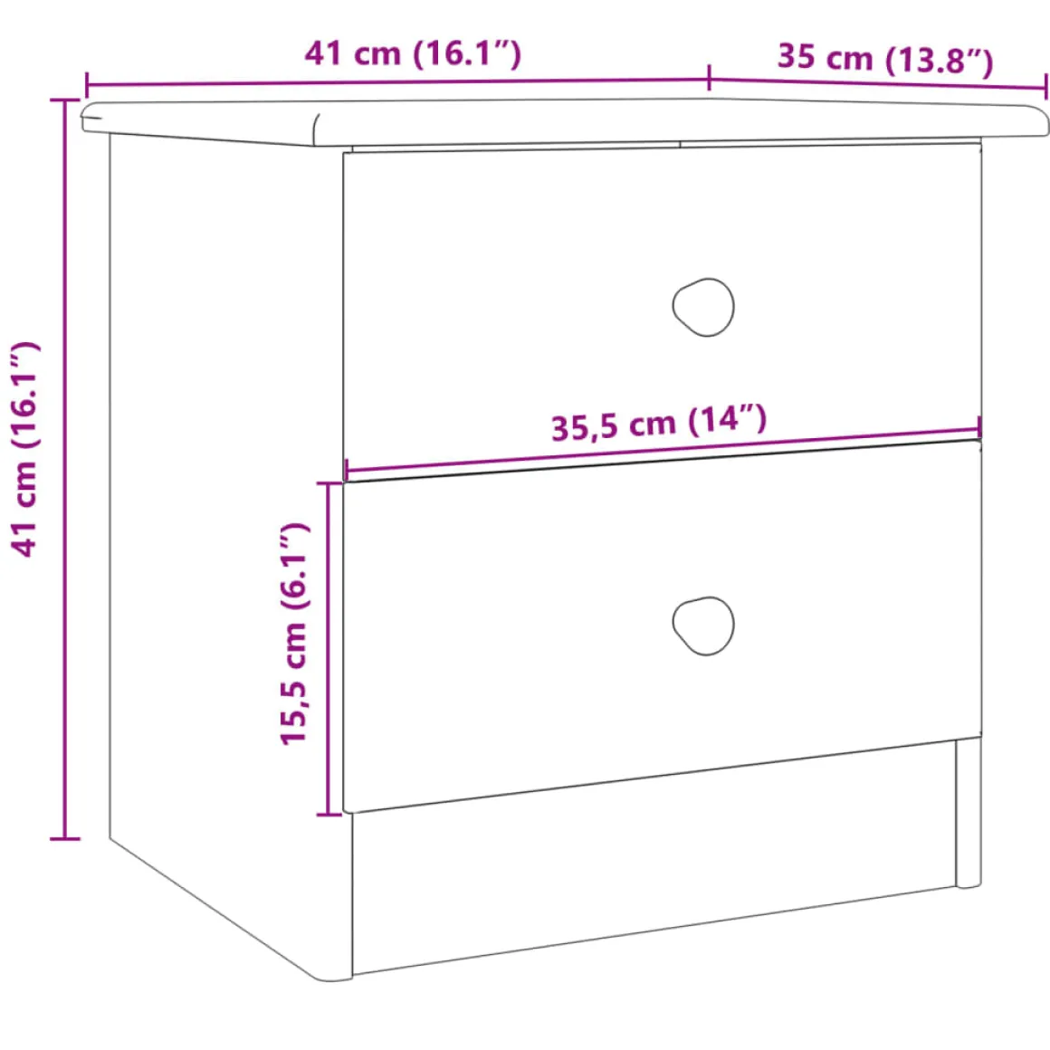 Mesita de noche Tini 2 cajones madera maciza de pino 41x41x35 cm