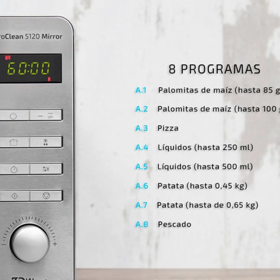 Microondas ProClean 5120 Mirror Cecotec 20L 700W 8 programas/pantalla LED gris 25,5x43,8x35,8 cm