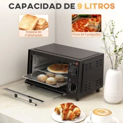 Mini horno eléctrico Homcom 750W 9L con temporizador negro 20x35x24,6 cm
