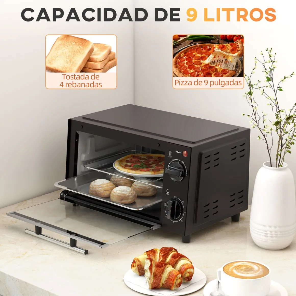 Mini horno eléctrico Homcom 750W 9L con temporizador negro 20x35x24,6 cm