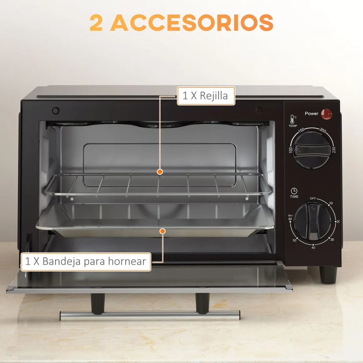 Mini horno eléctrico Homcom 750W 9L con temporizador negro 20x35x24,6 cm