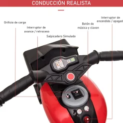 Moto eléctrica Broom Homcom con luces + bocina + música rojo 52x86x42 cm