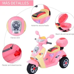 Moto eléctrica Homcom 3km/h con luces y sonido +3A rosa/vainilla 75x108x51 cm