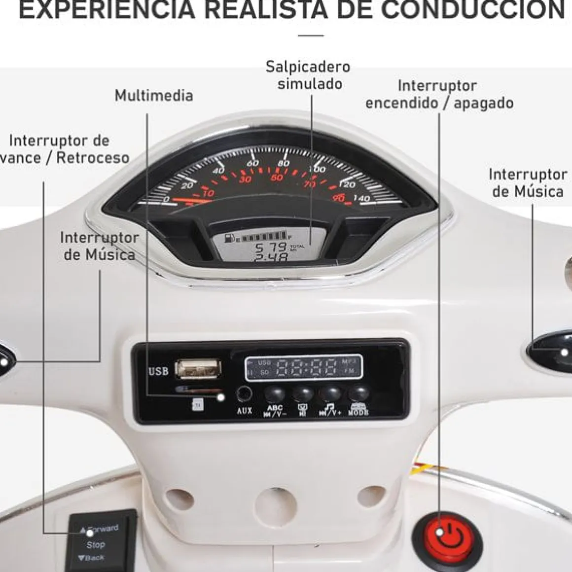 Moto eléctrica infantil con luces LED +3A blanco 75,5x50,5x102 cm