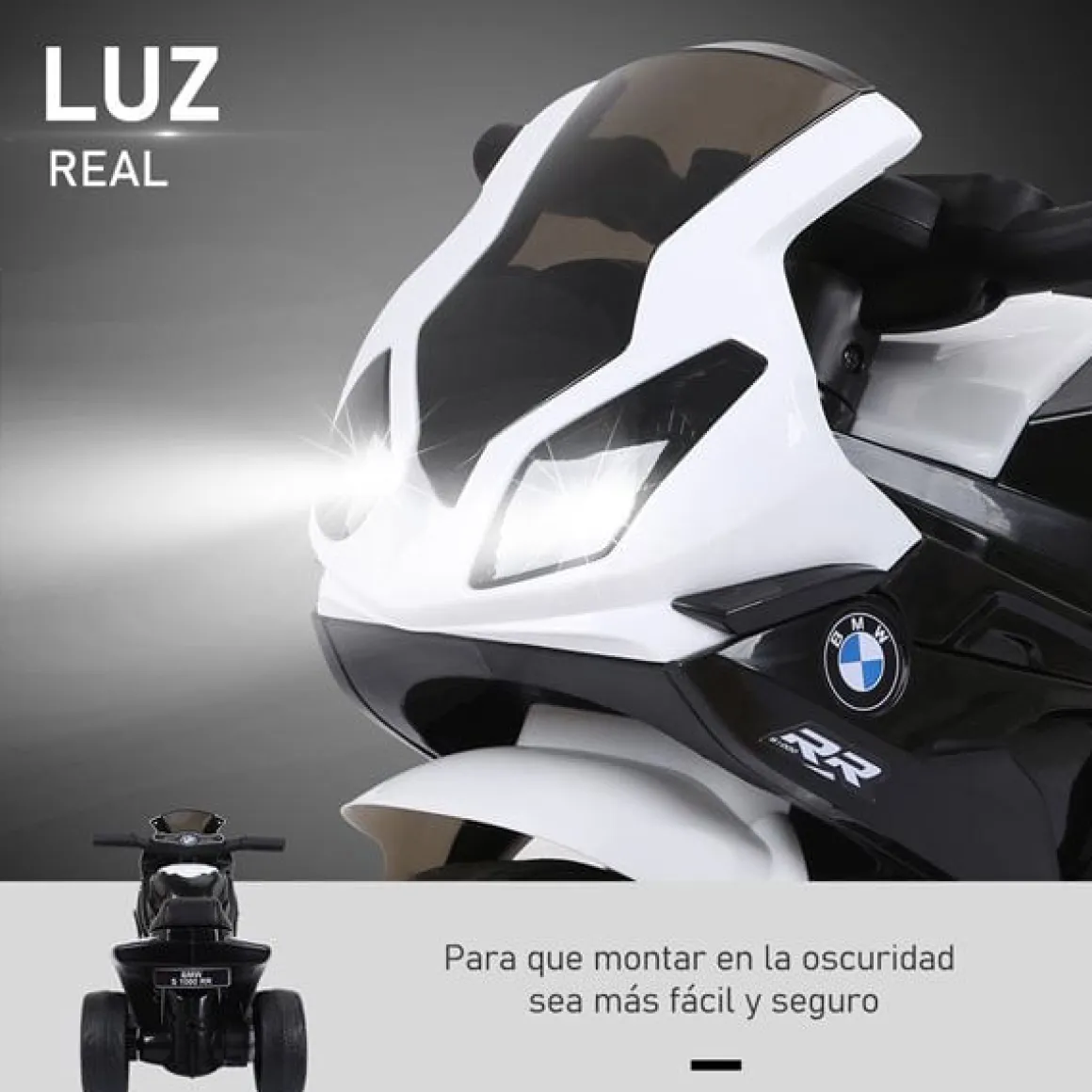 Moto eléctrica infantil Homcom licencia BMW S1000RR 3 ruedas +18 meses blanco/negro 44x66x37 cm