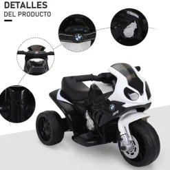 Moto eléctrica infantil Homcom licencia BMW S1000RR 3 ruedas +18 meses blanco/negro 44x66x37 cm