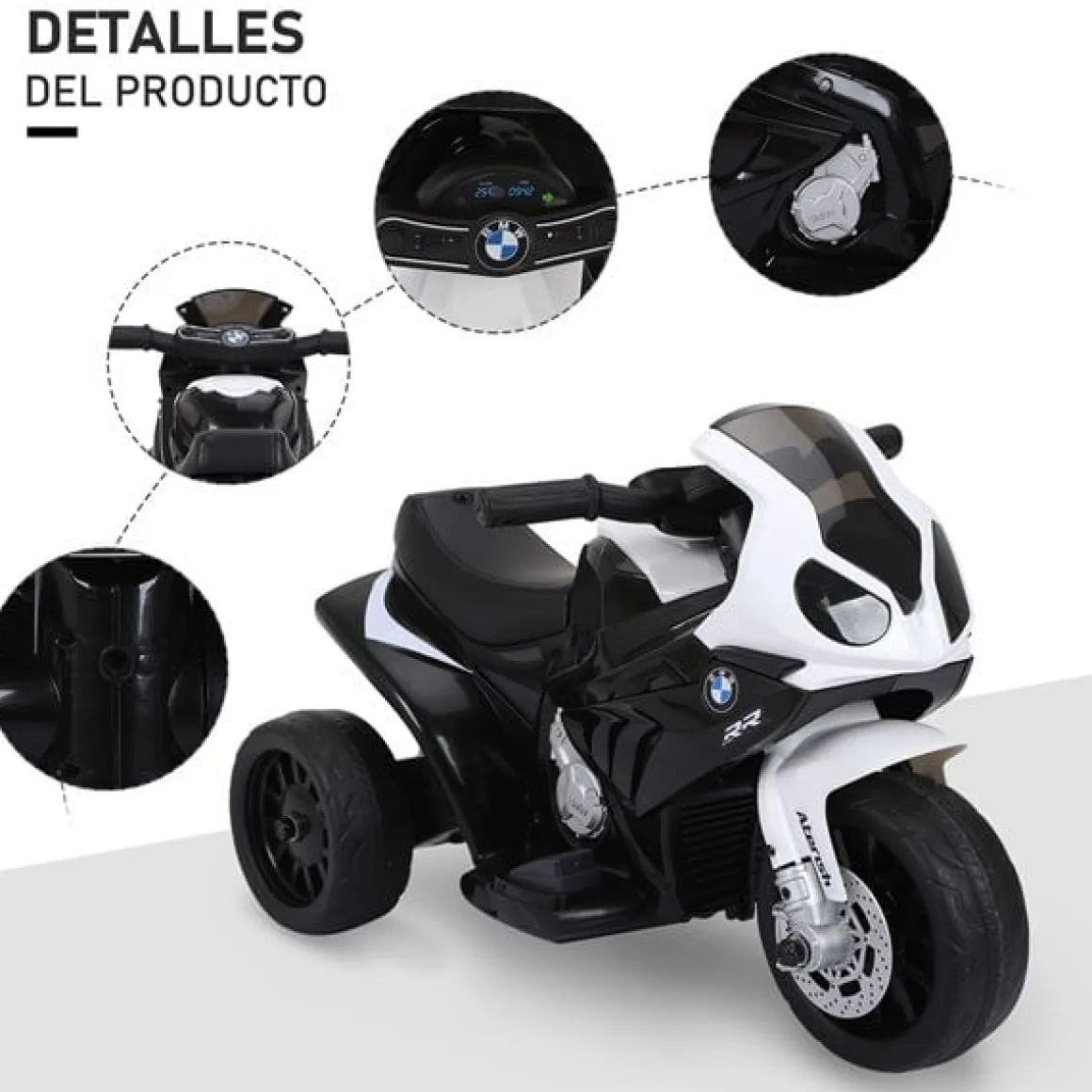 Moto eléctrica infantil Homcom licencia BMW S1000RR 3 ruedas +18 meses blanco/negro 44x66x37 cm
