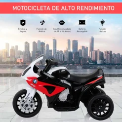 Moto eléctrica infantil Homcom con licencia BMW S 1000 RR con luces y música +2A rojo/negro 44x37x66 cm