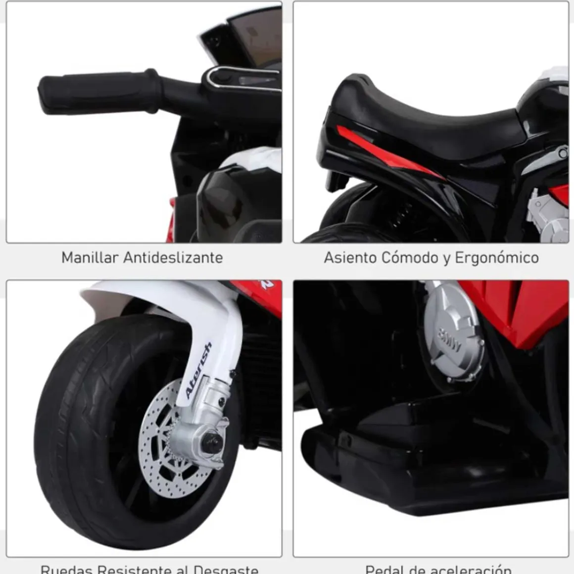 Moto eléctrica infantil Homcom con licencia BMW S 1000 RR con luces y música +2A rojo/negro 44x37x66 cm