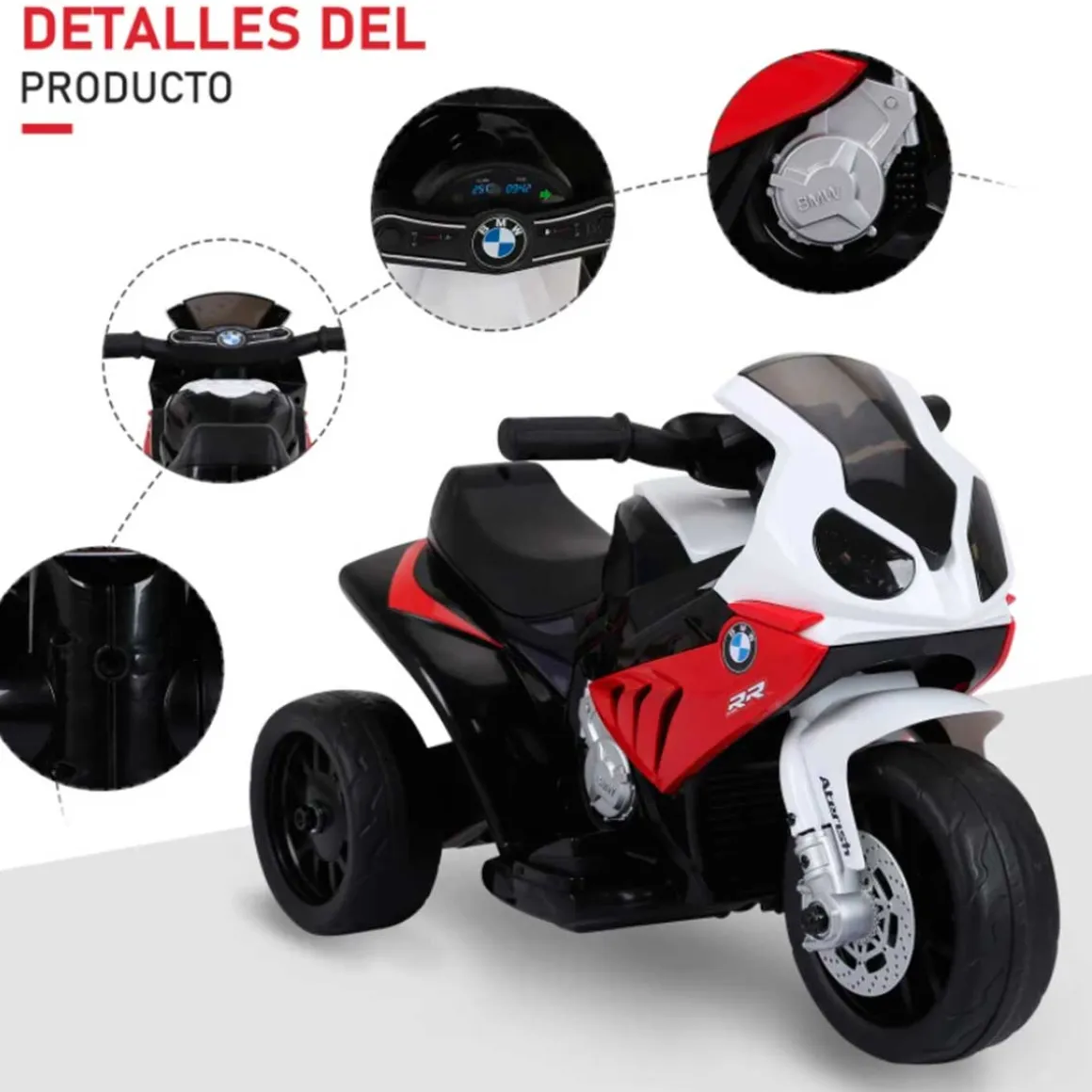 Moto eléctrica infantil Homcom con licencia BMW S 1000 RR con luces y música +2A rojo/negro 44x37x66 cm