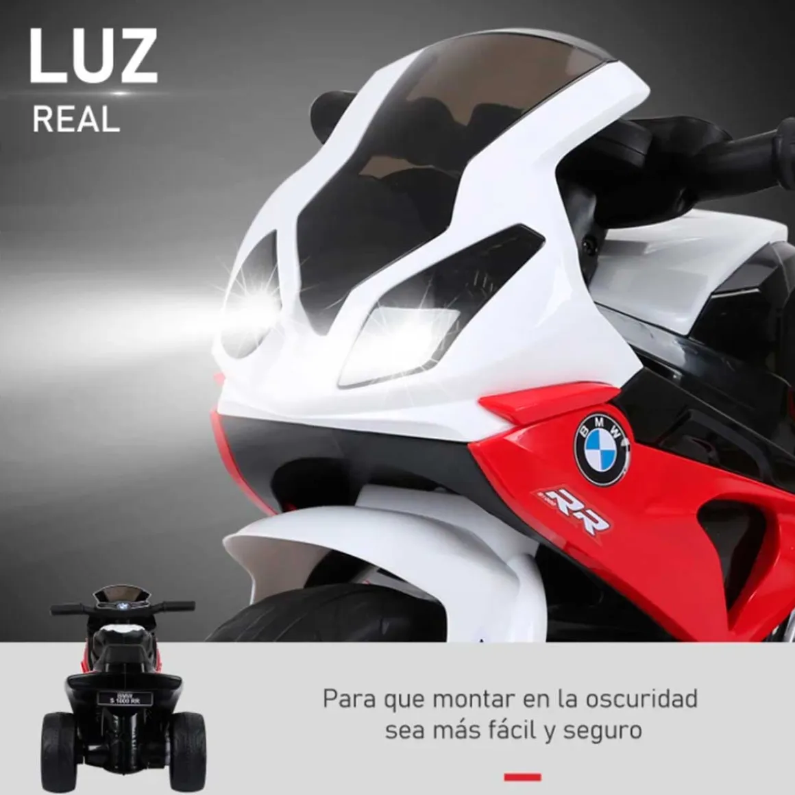 Moto eléctrica infantil Homcom con licencia BMW S 1000 RR con luces y música +2A rojo/negro 44x37x66 cm