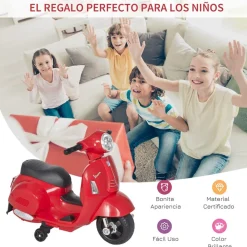 Moto eléctrica Vespa Homcom con luz+ruedines 18-36M rojo 52x38x66,5 cm