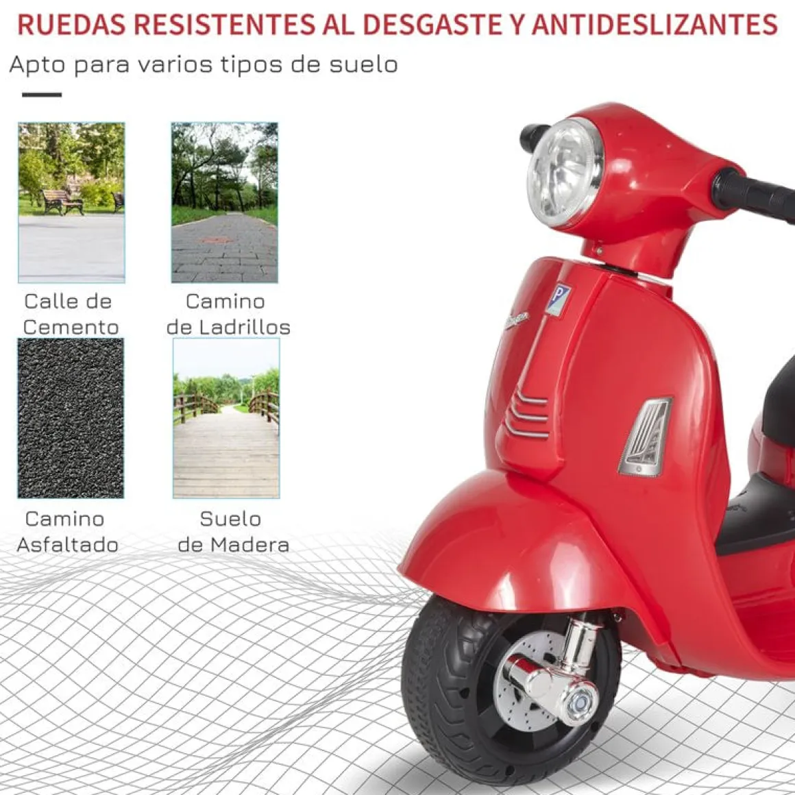 Moto eléctrica Vespa Homcom con luz+ruedines 18-36M rojo 52x38x66,5 cm