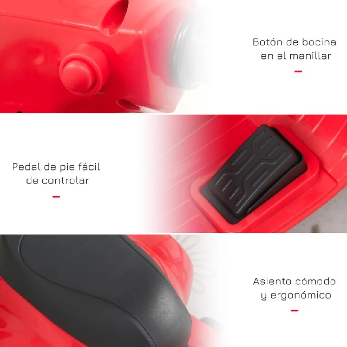 Moto eléctrica Vespa Homcom con luz+ruedines 18-36M rojo 52x38x66,5 cm