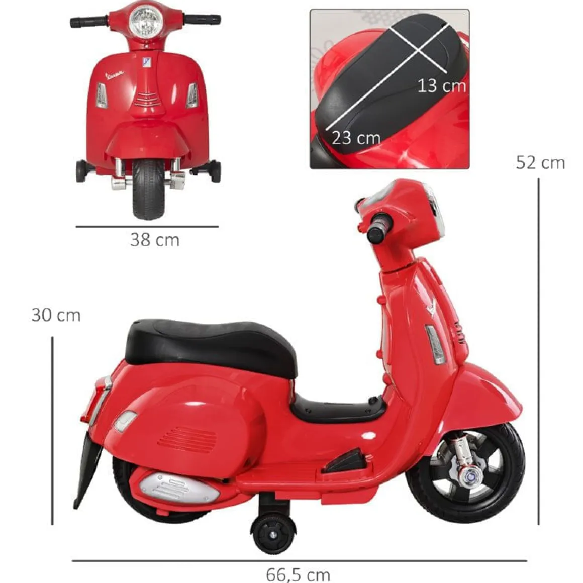 Moto eléctrica Vespa Homcom con luz+ruedines 18-36M rojo 52x38x66,5 cm