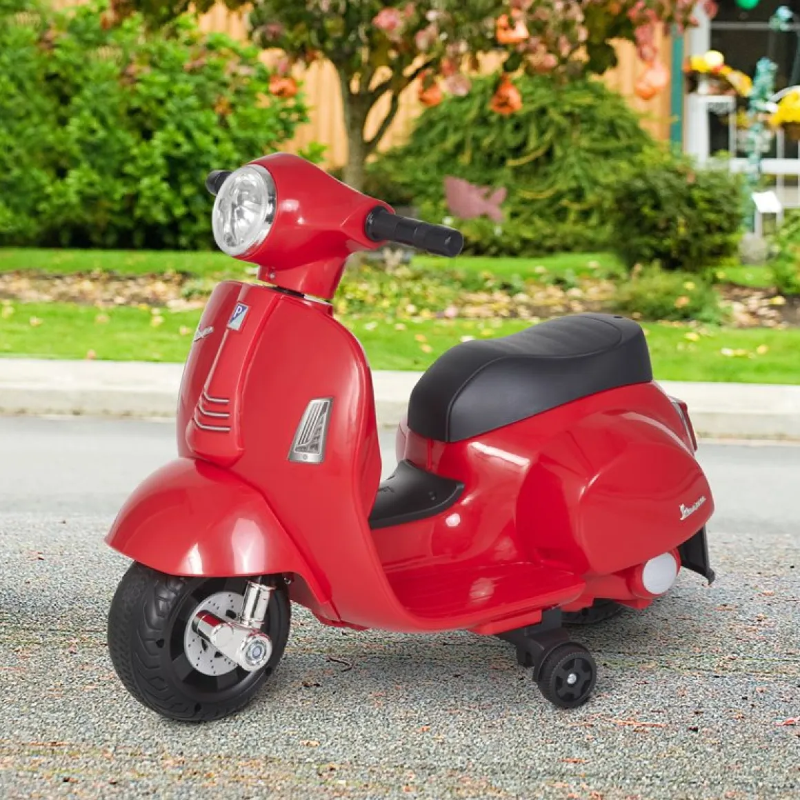 Moto eléctrica Vespa Homcom con luz+ruedines 18-36M rojo 52x38x66,5 cm