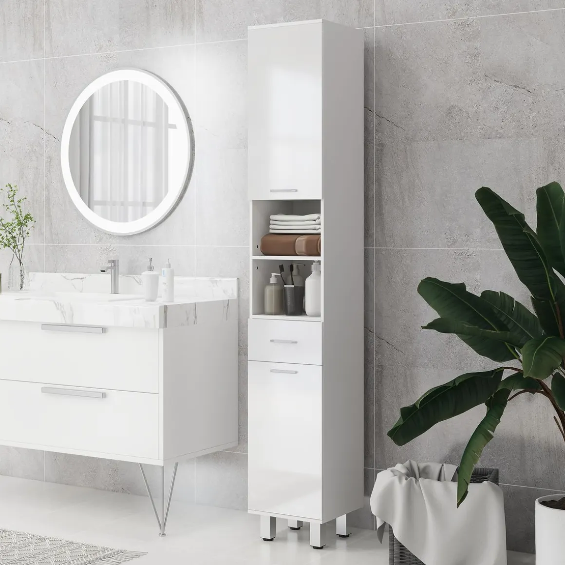 Mueble auxiliar Air Kleankin con cajón + estante + 2 armarios blanco brillo 180x30x30 cm