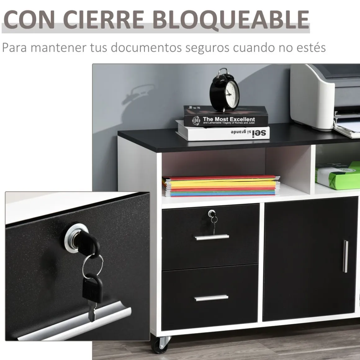 Mueble auxiliar Bhil Homcom 3 compartimentos + 2 cajones + armario negro/blanco 65x100x35 cm