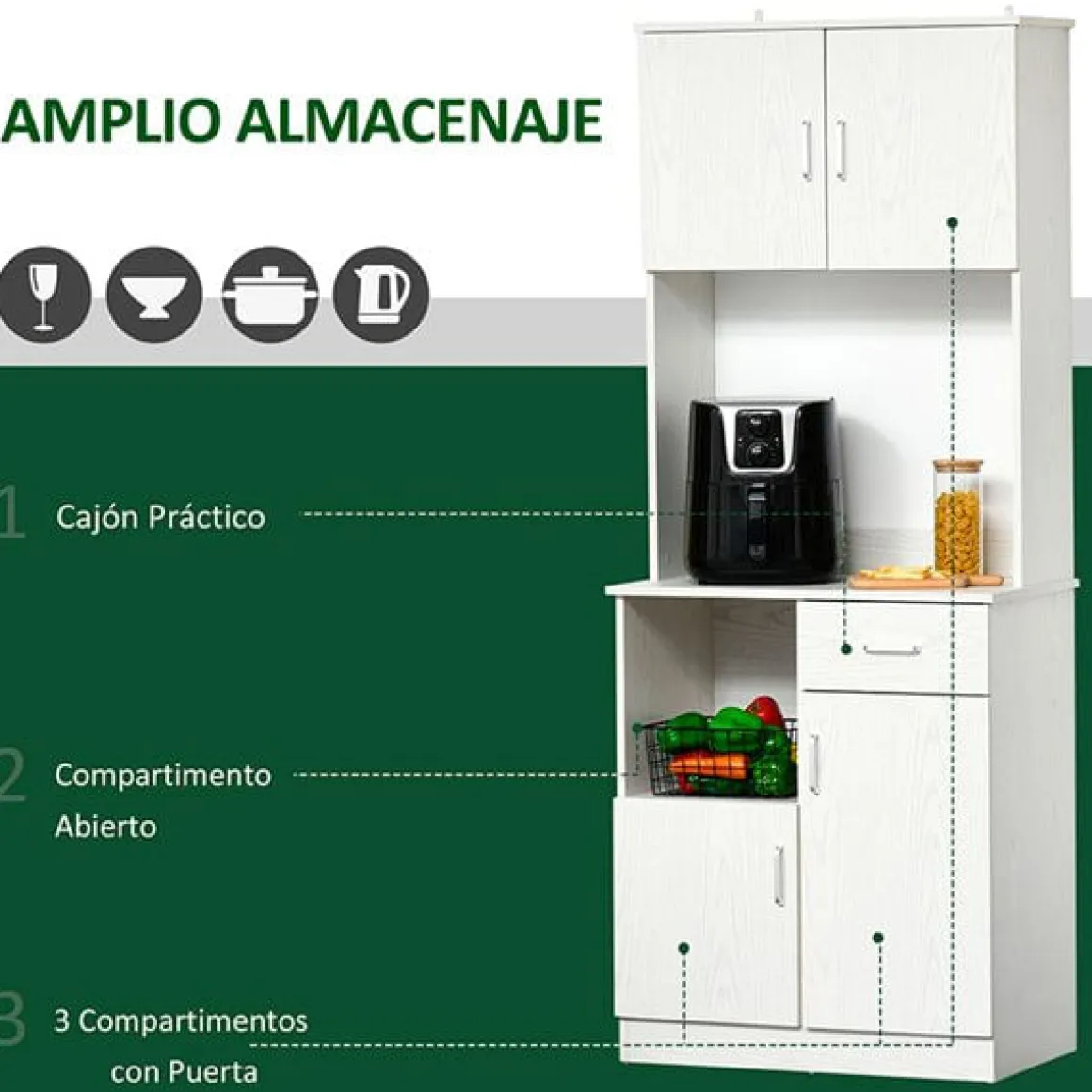 Mueble auxiliar de cocina Homcom 3 armarios+1 cajón blanco 178x71x41 cm
