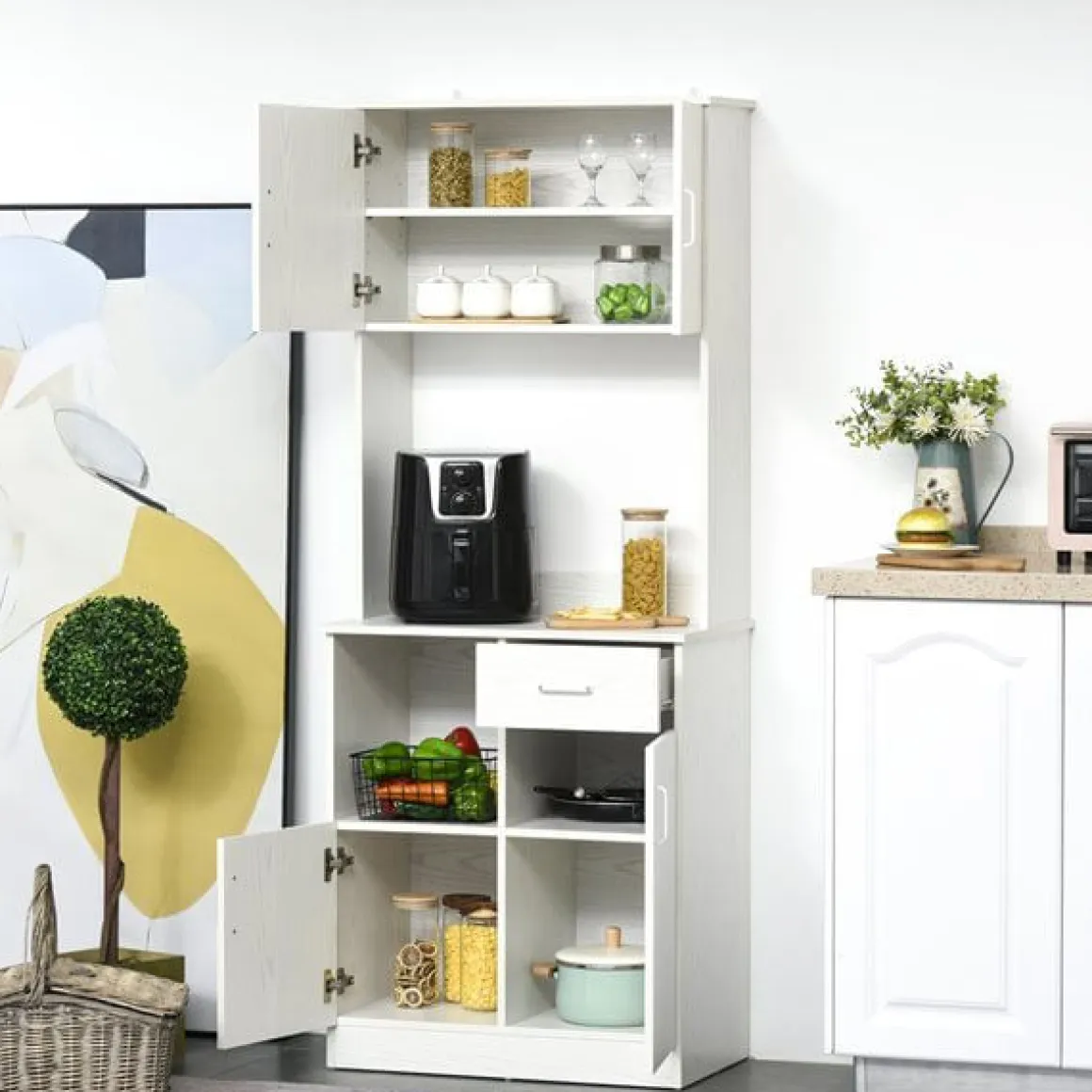 Mueble auxiliar de cocina Homcom 3 armarios+1 cajón blanco 178x71x41 cm