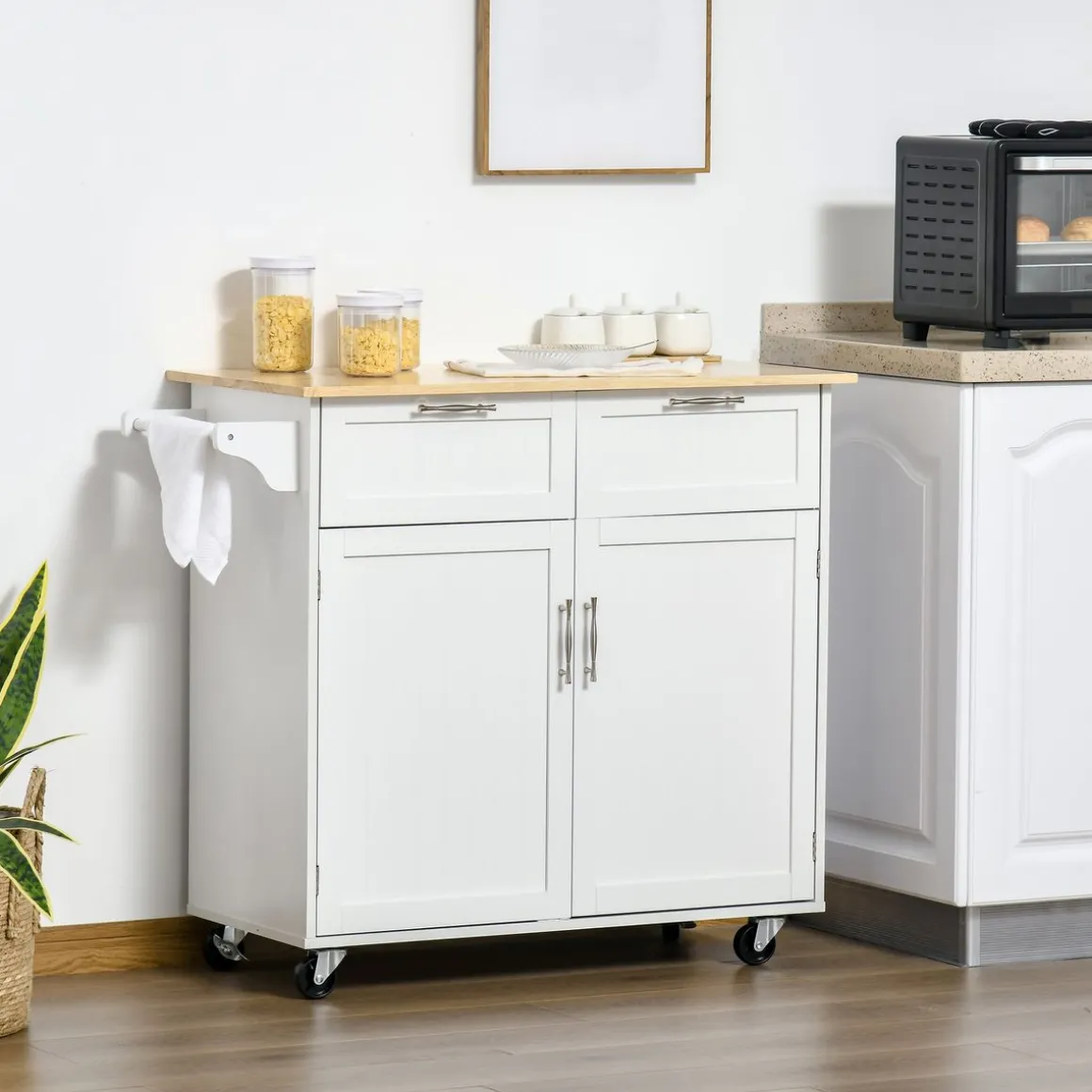 Mueble auxiliar Hibisco Homcom 2 cajones + armario + barra con ruedas blanco 91x104x46 cm