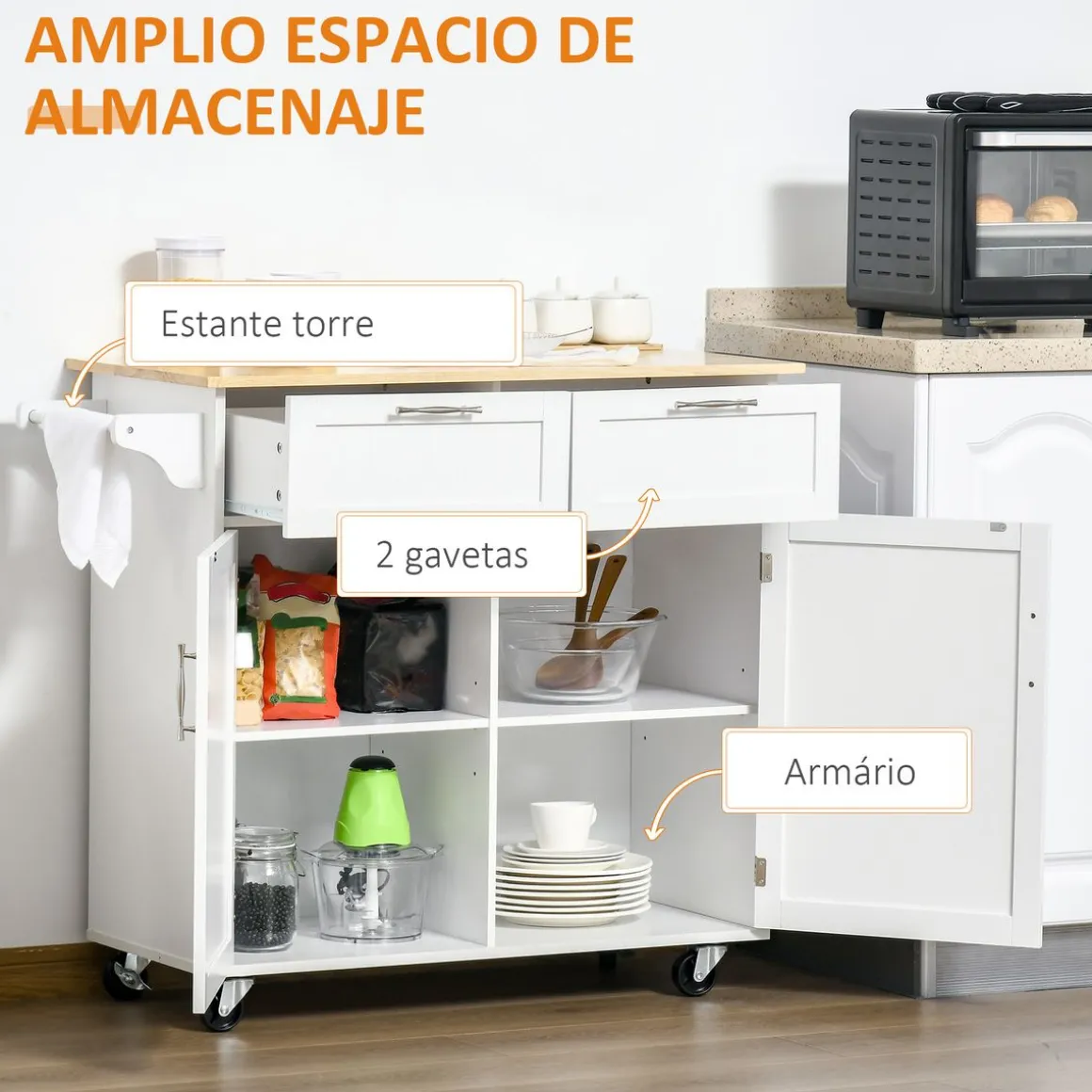 Mueble auxiliar Hibisco Homcom 2 cajones + armario + barra con ruedas blanco 91x104x46 cm