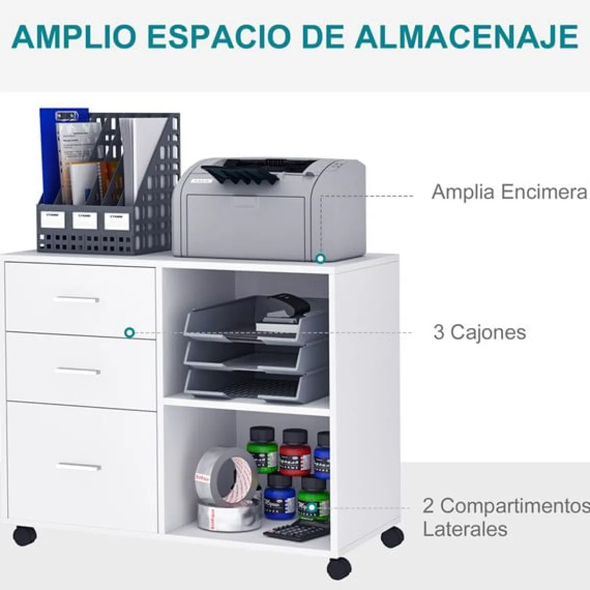Mueble auxiliar Homcom 3 cajones+estante ajustable blanco 65x80x40 cm