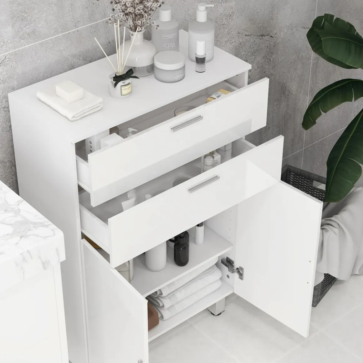 Mueble auxiliar Terra Kleankin con 2 cajones + armario blanco brillo 93x60x30 cm