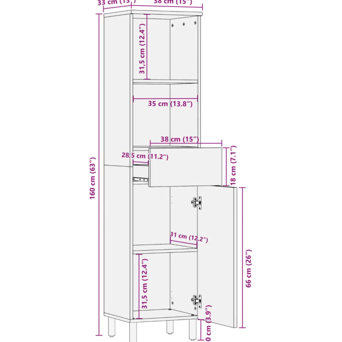 Mueble auxiliar Tulipán 2 compartimentos + 1 cajón + 1 armario negro 160x38x33 cm