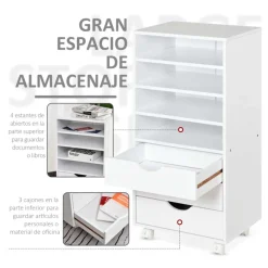 Mueble auxiliar Vinsetto 3 cajones + 4 estantes + ruedas blanco 83x40x30 cm