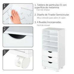 Mueble auxiliar Vinsetto 3 cajones + 4 estantes + ruedas blanco 83x40x30 cm