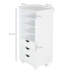 Mueble auxiliar Vinsetto 3 cajones + 4 estantes + ruedas blanco 83x40x30 cm