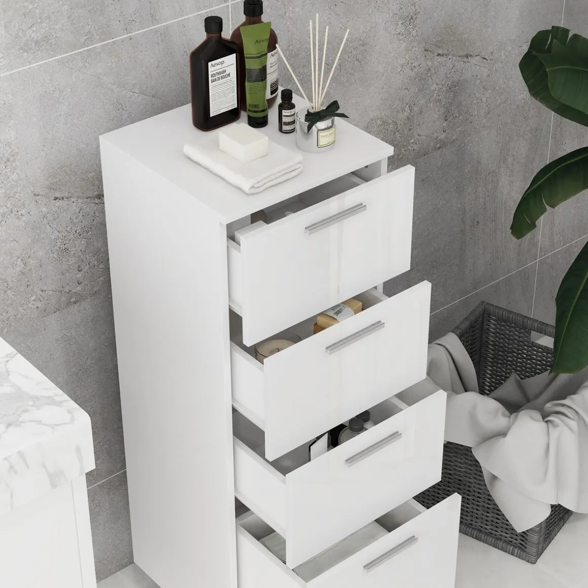 Mueble auxiliar Volco Kleankin 4 cajones blanco brillo 93x30x30 cm