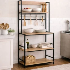 Mueble auxiliar Vértice con ganchos y estantes negro/natural 171x84x40 cm