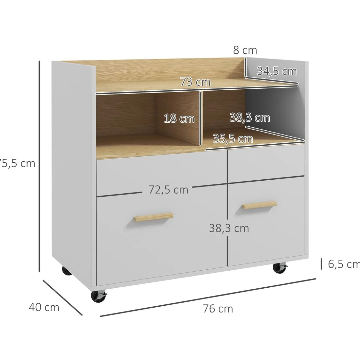 Mueble auxiliar Wick Vinsetto con ruedas roble/blanco 75,5x76x40 cm
