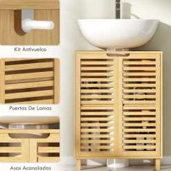 Mueble bajo de lavabo Ritual Homcom 2 puertas natural 80x60x30 cm