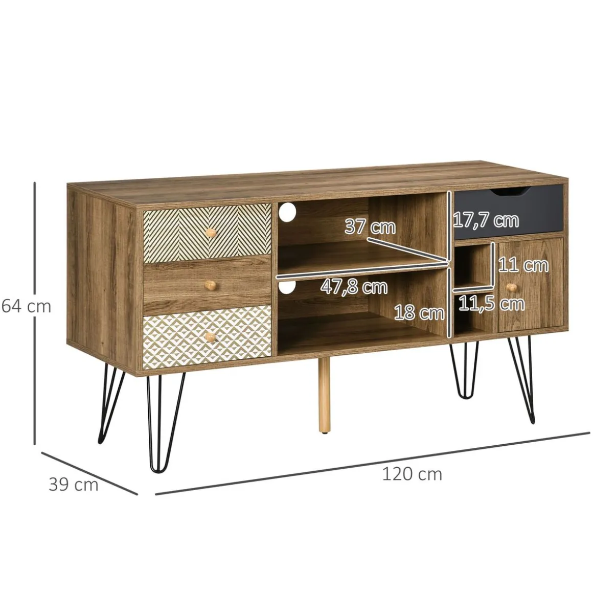 Mueble bajo de TV Exotic Homcom estilo boho marrón 64x120x39 cm