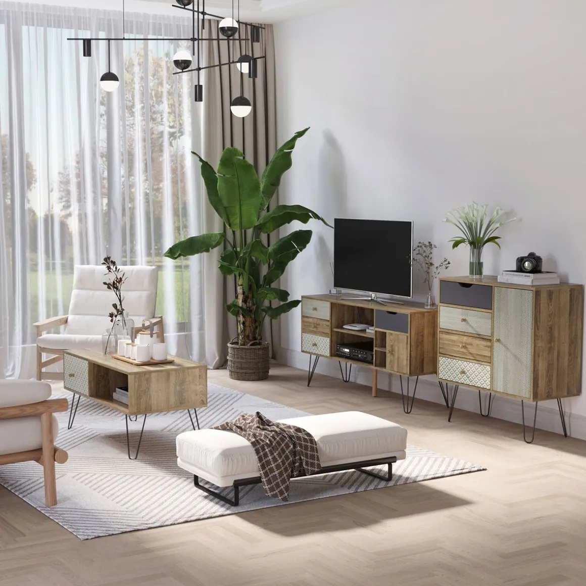 Mueble bajo de TV Exotic Homcom estilo boho marrón 64x120x39 cm